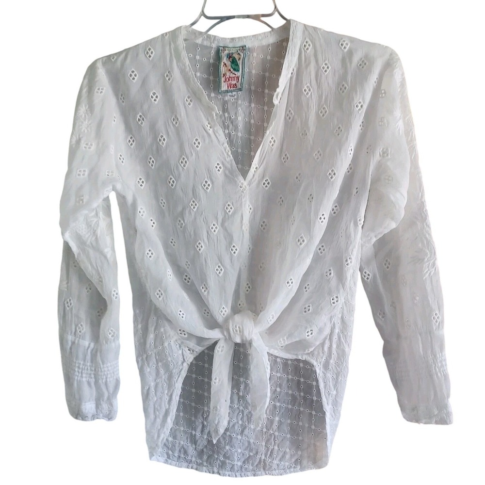 Johnny Was White Eyelet Embroidered Tie Front Cupra‎ Rayon Blouse Top Small